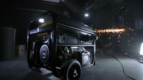 Black Mobile Gasoline Power Generator in a Dark Workshop
