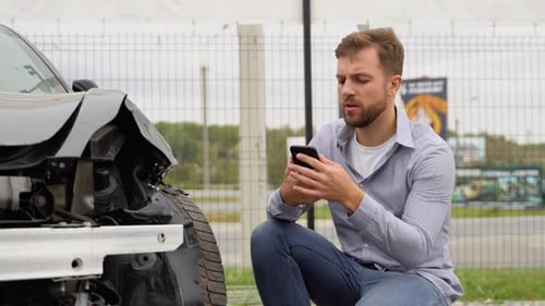 Upset Driver Man Discussing on Mobile Phone in Front of Automobile Crash Car Collision Accident in