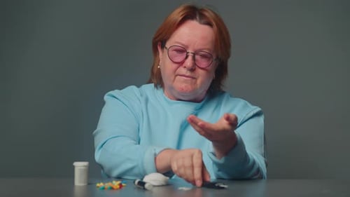 Diabetic Aged Woman Patient Suffering Sugar Diabetes Measures Blood Glucose Level with a Glucometer