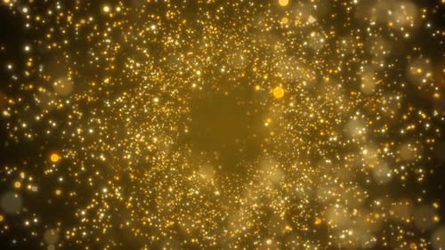 4K Goldener Partikel-Hintergrund. Funkelnder abstrakter Glanz für Weihnachten, Silvester und festliche Anlässe.