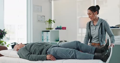 Woman, physiotherapist and stretching body with patient for physical therapy