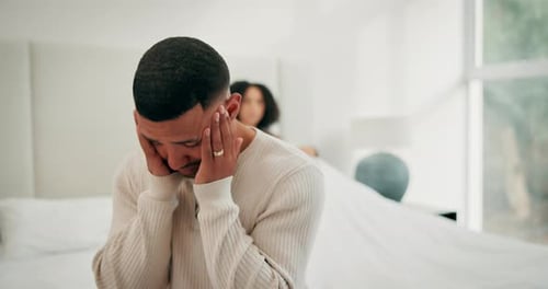 Stress, man and couple with fighting on bed for toxic marriage conflict