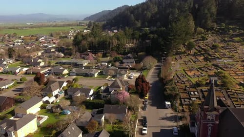 Ferndale California, historic town and old cemetery, drone backwards
