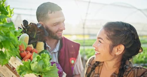 Man, woman or agriculture with vegetables for selfie, smile for sustainable farming or nutrition
