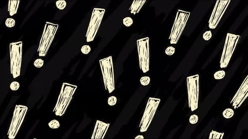 Dynamic monochrome exclamation marks and dots on black background animation