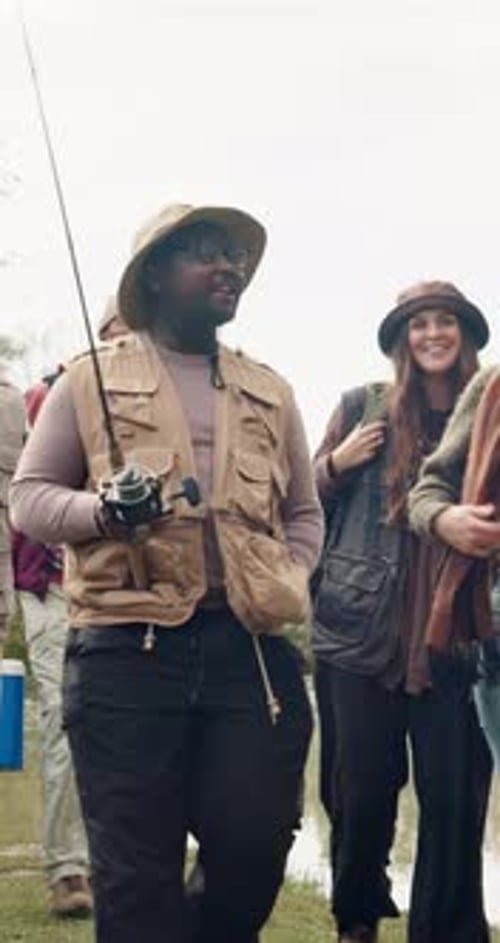 Camping, walking and group in nature with point, bonding together and search for destination