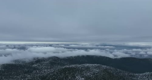 Aerial View of North Snowy Forest Winter Landscape Snowfall and First Fresh Snow Covered Forest Top