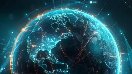 Futuristic digital globe of Earth with glowing data points network connections on a dark background.