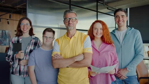 Corporate People Standing in Row and Posing with Smile