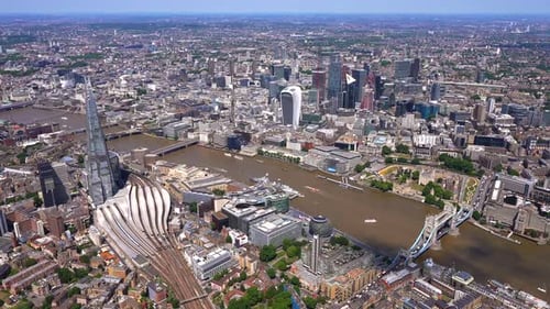Aerial view of the Shard, River Thames and the City of London towers, London, UK