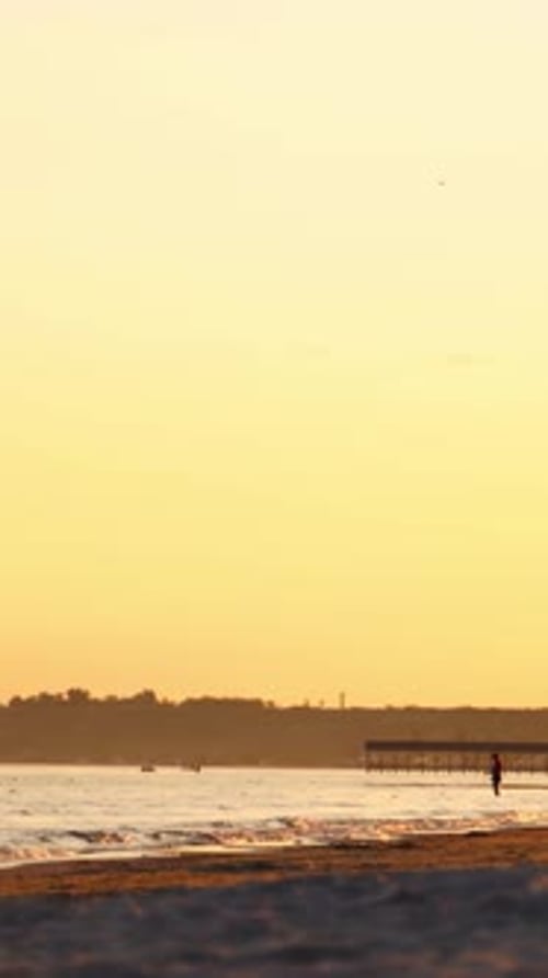 People walking along the sea shore at sunset.