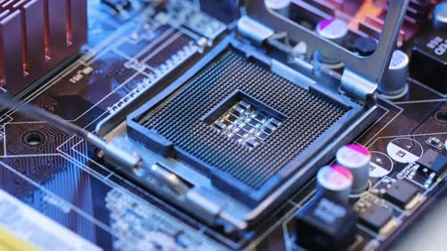 Concept of computer, motherboard, hardware and technology. Computer mainboard or motherboard panning