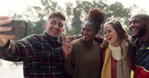 Camping, selfie and friends smile in nature on outdoor holiday, vacation and adventure
