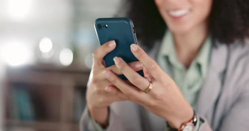 Business, hands and woman with a smartphone, typing and connection for website information