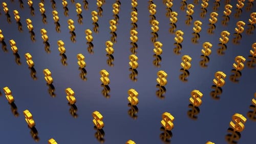 Dollar Signs Rotating On Reflected Surface