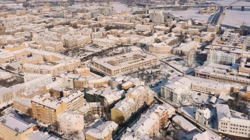 Aerial View of an Old Residential Buildings Covered with Snow