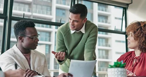 Business, man and leader with team, meeting and brainstorming for marketing