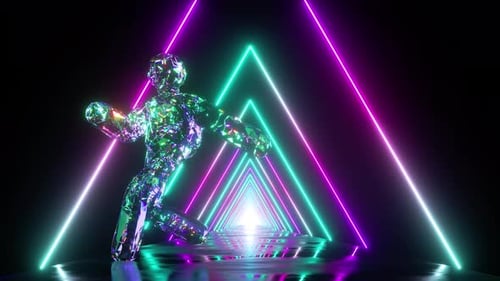 crystal man dancing inside the triangular neon tunnel