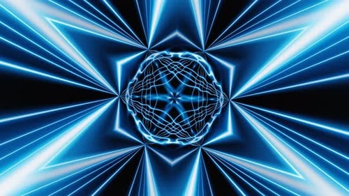 Abstract rotating multi polygonal neon blue figure with rays vj loop animation