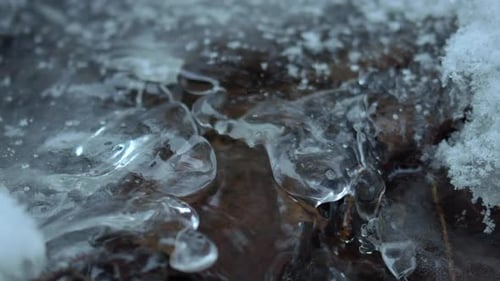 Macro video of tiny creek flowing under a thin ice cover.