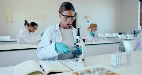 Woman, science and notes with microscope, university and education to learn