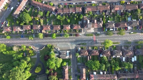 4K aerial shot of typical British houses from above in the morning and housing crisis