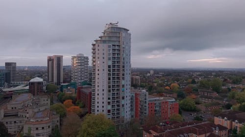 Panoramic aerial view across Croydon high rise city apartment towers and cloudy overcast skyline