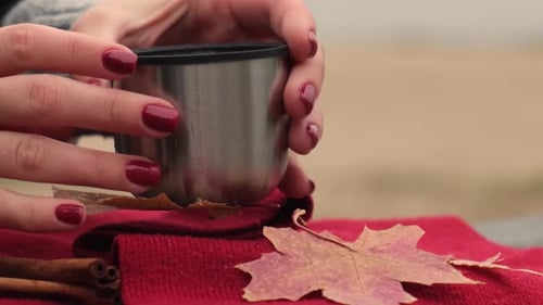 Woman Drinking Hot Tea From Thermo Cup Outdoors in Autumn Park