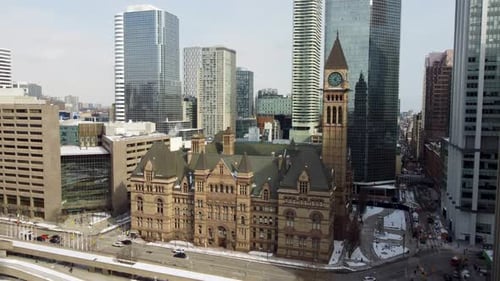 Aerial winter view of Old City Hall in Toronto 4K
