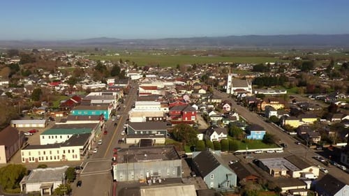 Historic town of Ferndale, California. Old buildings and rooftops, drone view.