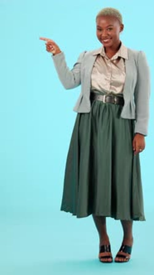 Black woman in business, face and pointing, product placement advertising