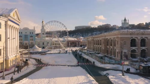 Cityscape of Snowy Winter Kontraktova Square in Kyiv