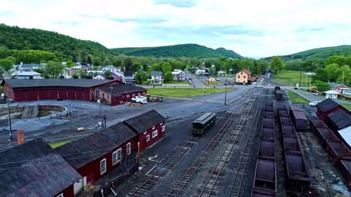 An Aerial View of an Abandoned Narrow Gauge Coal Rail Road Round House and Turntable and Support Bui