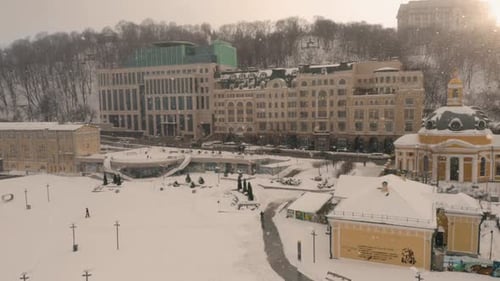 City Square and Road While Heavy Snowfall in Winter