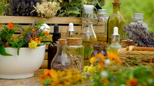 Ervas medicinais e tinturas na mesa