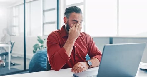 Businessman, stress or tired on digital marketing laptop, advertising deadline