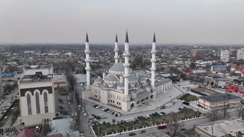 Aerial cityscape Of Bishkek with a view of the central mosque, Kyrgyzstan 2025 March