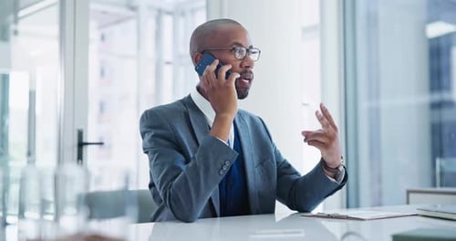 Negotiation, office or businessman on a phone call talking, networking or speaking to chat