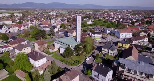 Aerial: the big french village at the german and swiss border. (Alsace Wittenheim).