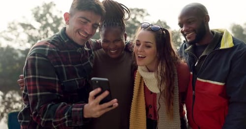 Camping, happy and friends check selfie in nature on outdoor holiday, vacation and adventure