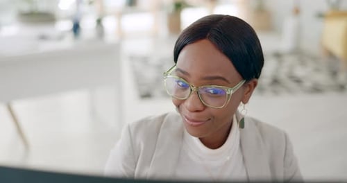 Black woman, computer and business software success in digital marketing startup