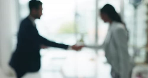 Interview, blur and business people handshake for partnership and agreement in office
