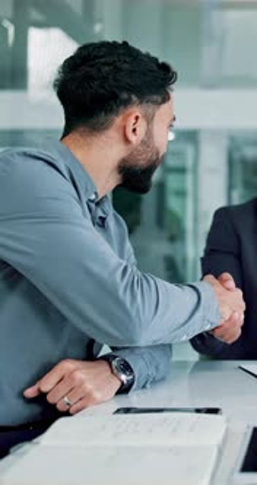 Handshake, meeting and business people in office for job interview, hiring and partnership