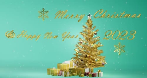 Zoom Out Of Gold Xmas Tree Model com Feliz Natal, Feliz Ano Novo de 2023