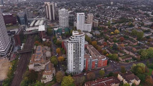 Aerial view looking down over Croydon city centre with skyscraper towers and city streets