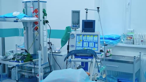 Anesthetic machine inside the modern operating room. Medical ventilator. Medical concept.