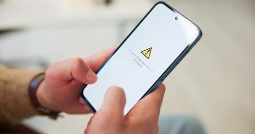 Hands, network connection or phone screen in office with poor signal, loading error or online issue