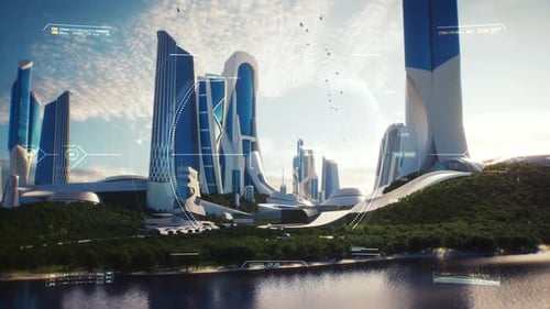 4K, Filmmusik Cockpitansicht. 3D Utopia City mit HUD