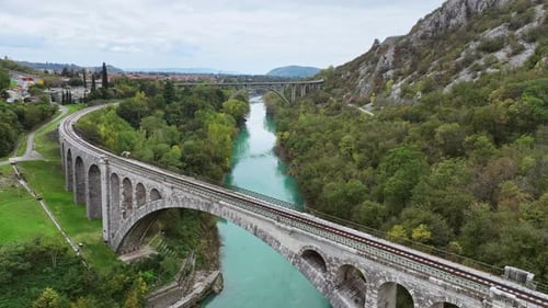 Aerial video of Solkan Bridge over the Soca River in Slovenia