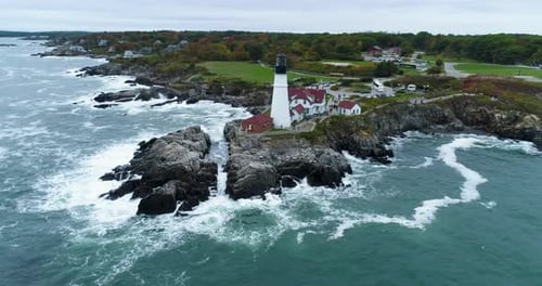 Portland Head Light Lighthouse Maine, Coast Aerial Drone